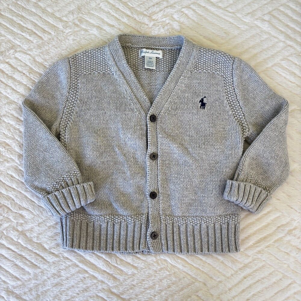 Ralph Lauren Baby 18M Gray Cotton Knit Button Cardigan Sweater Pony Logo Toddler